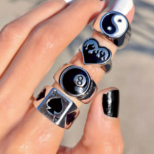 Bague de mode Go Party, flamme de cœur, Yin Yang, Tai Chi, as de pique, punk, émail noir à gouttes d'huile, numéro 8, pour femmes et hommes - Product Image 2