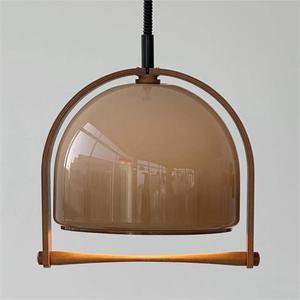 Lustre LED Bauhaus en bois massif de style rétro américain Wabi-Sabi, luminaire suspendu rétractable en verre vintage, ambre japonais, moyen - Product Image 6