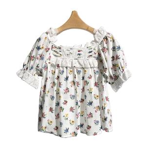 Blusa Babydoll de Verano para Mujer, Estilo Francés Vintage, con Encaje, Cuello Cuadrado, Manga Corta Abullonada, Estampado Floral, ODM - Product Image 1