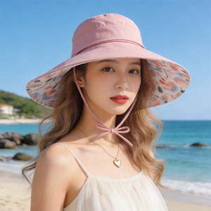 Sun Protection Bucket <b>Hat</b> Floral Print Breathable Polyester Pink For Beach Travel Summer UV Shielding - Product Image 1