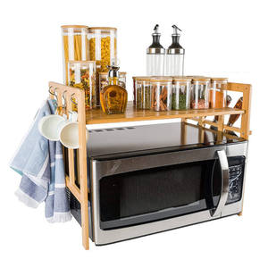 Bamboo Microwave Oven <b>Shelf</b> Double Tier With <b>Hooks</b> For Kitchen Countertop Storage - Product Image 1