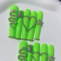 Tacana 10 pièces Faux ongles à presser faits main, longs, motif cœur, serpent argenté, strass vert, 3D, couverture complète, style français
