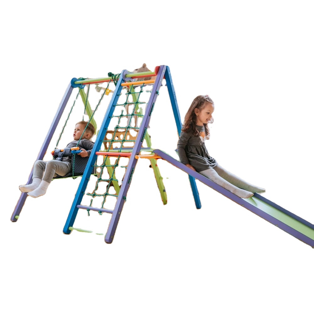 Montessori Indoor Jungle Gym Climber 7-in-1 Indoor for Kids 2-6 with Slide, Climbing Wall, Ladder, Net, Bars, Swing, Ring