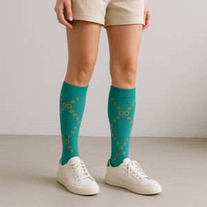 جوارب طويلة مخصصة من MUSHAFEIER باللون الفيروزي مع شعار ذهبي على الكفة، طباعة رقمية أنيقة للربيع، عالية المرونة وقابلة للتنفس - Product Image 2