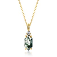 Collier vintage en agate mousse taillée en hexagone, argent S925 plaqué or, pendentif en agate mousse naturelle verte forêt à quatre griffes