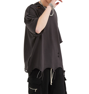 Camisetas Masculinas de Algodão Personalizadas com Manga Curta, Estilo Desgastado, com Logotipo Estampado, Lisas, com Efeito Rasgado, Estilo Hip Hop e Borda Crua - Product Image 2