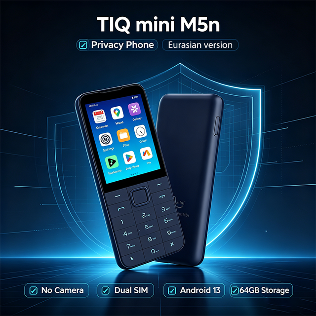 TIQ MINI M5n Unlocked Smartphone - No Camera, 64GB Storage, Android 13, Compact Button Design