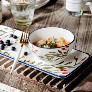 Porcelain flower decal semi glossy salad bowl ceramic bowls for restaurant use