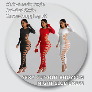 Robe longue tendance sexy à col rond et manches longues, ajourée, taille naturelle, pour femme, idéale pour les soirées et les clubs, collection printemps-automne CX6793 - Product Image 2