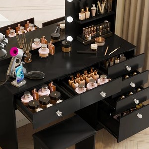 Conceptions modernes Bureau de courtoisie noir Maquillage Salon de beauté Filles <span class=keywords><strong>Commode</strong></span> en MDF <span class=keywords><strong>Grande</strong></span> coiffeuse en bois avec miroir lumineux et étagère - Product Image 4
