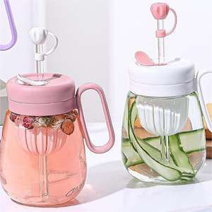 Tasse en verre à rayures verres transparents avec couvercle et paille tasse à café glacée tasse à thé jus verre lait eau fleur tasses verres - Product Image 1