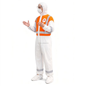 Combinaison de protection de type 5/6 avec coutures thermocollées, capuche et bande réfléchissante grise, combinaison microporeuse blanche et orange - Product Image 1
