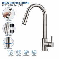 Robinet de cuisine moderne minimaliste en acier inoxydable 304 brossé avec bec col de cygne haute portée, double jet et levier rotatif