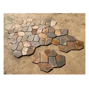 Irregular Outdoor Floor Interlocking Natural Rusty Slate Effect Stone Patio Flooring Tiles Non Slip