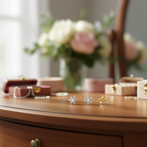 Orecchini a Perno con Fiore, Placcati in Oro Bianco, Zirconi Taglio Brillante Rotondo, Montatura a Griffe, Regalo per Donne, Gioielli alla Moda - Product Image 2