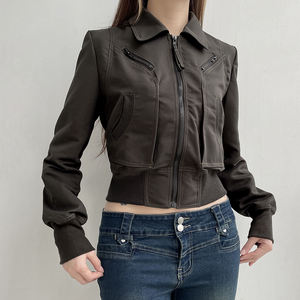 <b>Women</b> American Street Vintage Zip Up <b>Utility</b> <b>Jacket</b> Multi Pocket Patchwork Turn Down Collar Cropped Waist Shaping Coat - Product Image 6