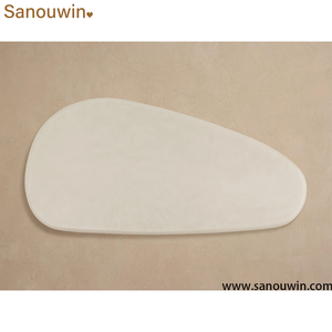 Mesa de Centro para Exteriores Estilo <span class=keywords><strong>Alesso</strong></span>, Ovalada, con Tapa de Piedra Blanca, Base Acanalada de Madera de Teca Sólida, Mesa Moderna para Patio y Jardín - Product Image 4