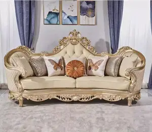 OE时尚奢华欧洲经典客厅套装: 真皮黄色真皮沙发，手工雕刻木质别墅