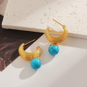 Boucles d'oreilles en acier inoxydable avec turquoise bleue, plaquées or 18 carats, design géométrique pour femmes - Product Image 1
