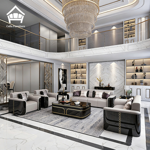 Ensemble de canapés en cuir moderne de luxe, laque noire, finition dorée, meubles de salon, canapé 1+2+3 places avec table basse pour villa, hôtel - Product Image 2