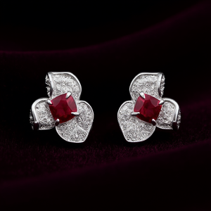 E3094 White Gold Flower <b>Stud</b> <b>Earrings</b> With Ruby Claw Setting Classic Women's <b>Fine</b> Jewelry - Product Image 2