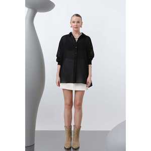 Elegante Camisa de Gasa Negra a Rayas para Mujer con Capa Transparente, Blusa Informal de Manga Larga para Uso Diario, Talla M - Product Image 3