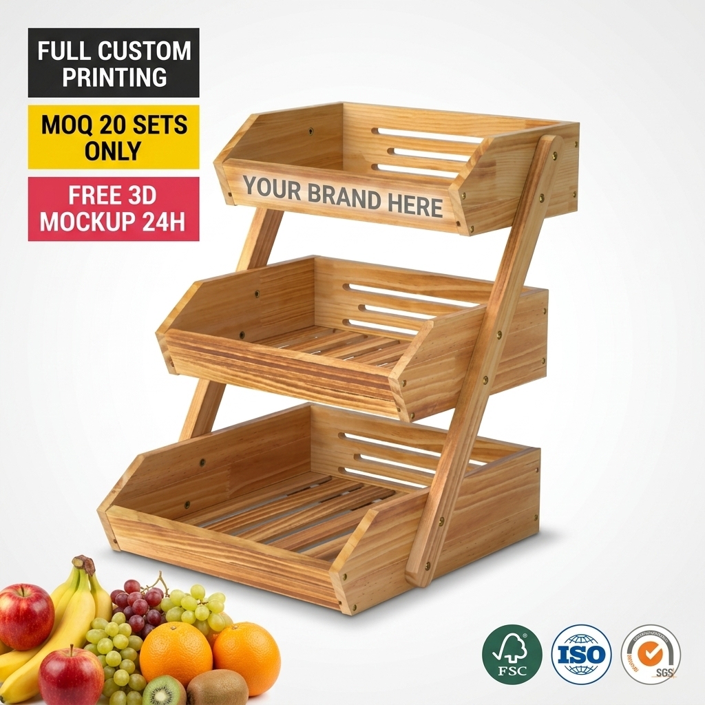 Wooden Fruit Vegetable Display Stand Produce Rack Farm Stand Organic Market Grocery Bakery Basket 3 Tier Countertop POS Logo FSC