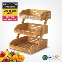 Houten fruit- en groentepresentatiestandaard, productenrek, boerderijstand, biologische markt, supermarkt, bakkerijmand, 3-laags aanrechtmodel, POS-logo, FSC