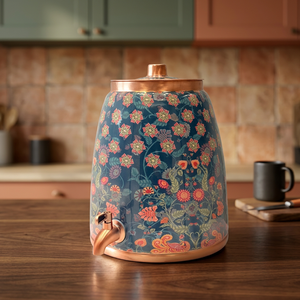 Distributeur d'eau en cuivre avec motif floral bleu et robinet pour usage domestique - Product Image 3