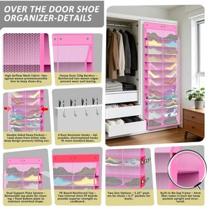 Over Door <b>Shoe</b> Organizer 24 Pair Capacity 12 Tier Hanging Storage for Sneakers Boots Kids Family Pink Mesh Rack - Product Image 3