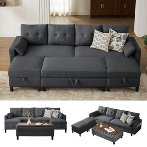 Canapé modulable convertible avec table basse ottoman, canapé en tissu lin moderne en forme de U, canapé 4 places pour <span class=keywords><strong>salon</strong></span> ou bureau - Product Image 1