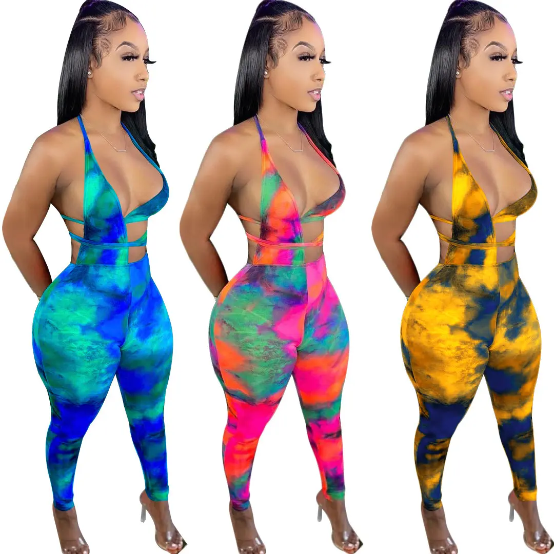 European and American women's summer sexy hollow strap bikini print pencil pants suit nightclub outfit
