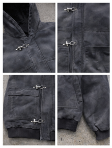 Chaqueta <span class=keywords><strong>de</strong></span> trabajo para mecánico y motociclista, personalizada, bordada, con gancho para cubierta, cierre <span class=keywords><strong>de</strong></span> <span class=keywords><strong>bombero</strong></span>, acolchada, desgastada, con lavado ácido, cremallera y efecto envejecido - Product Image 3