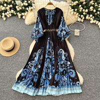 Robe vintage à imprimé pour femmes, ample, à nouer à la taille, col rond, manches lanternes, jupe plissée pressée, robe vintage