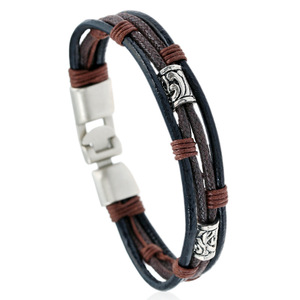 <span class=keywords><strong>Pulsera</strong></span> de cordón tejido para hombre de cuero auténtico vintage con hebilla de aleación estilo envolvente chapado en rodio - Product Image 2