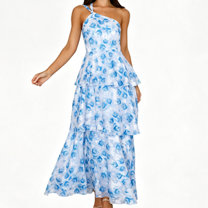 Abito lungo da donna monospalla blu floreale a balze con volant a strati, modello a trapezio, per vacanze - Fornitore verificato dalla Cina - Product Image 1