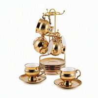 Support à tasses en céramique doré à double étage de style européen, organisateur créatif vintage pour tasses à café et à thé, et soucoupes