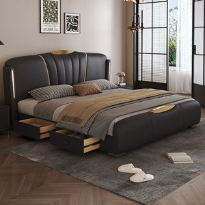 <span class=keywords><strong>Letto</strong></span> Moderno in Pelle con Testiera Trapuntata Regolabile, Base Crema con Dettagli Dorati e Luci LED, Spazio di Archiviazione Integrato - Product Image 5