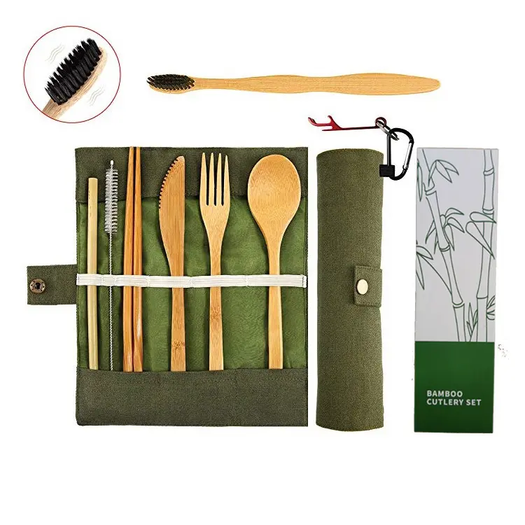 6pcs organic bamboo knife fork spoon straw chopsticks bottle opener toothbrush set outdoor traveI disposable set with bag