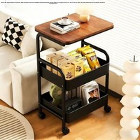 Carrito de Almacenamiento Móvil de Doble Capa de Acero al Carbono con 4 Ruedas y Correa, Mesa Auxiliar para Sala de Estar, Sofá, Mesa de Té Pequeña