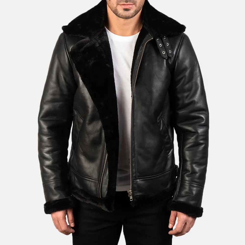 Men's Bomber Leather Jacket in Black shine with Fur Lining customized / Sheep Leather Jacket For Men / Quilted Leather Jacket