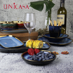 <span class=keywords><strong>UNICASA</strong></span>-Plato de cerámica azul para postre y ensalada, juego de platos de cerámica para servir - Product Image 6