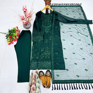 Conjunto de Traje de 3 Piezas de Organza Premium para Mujer, Sin Arrugas, de Secado Rápido, con Bordado de Lentejuelas Pesadas y Dupatta con Corte Elegante para Boda - Product Image 1