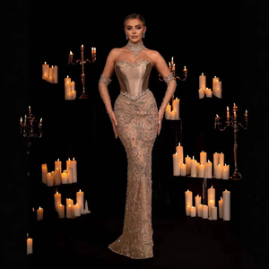 gold dress with gloves Long Sleeves Velvet Mermaid Prom Dress Split With Gloves -