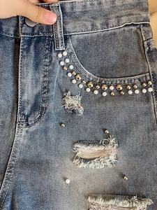 กางเกงยีนส์ขาสั้นทรงเอเอวกลางสำหรับผู้หญิงแฟชั่นใหม่ประจำฤดูใบไม้ผลิ/ฤดูร้อน ประดับด้วยลูกปัดอย่างสวยงาม สไตล์ลำลอง Y2K - Product Image 3