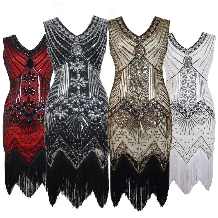 Vintage Sequined Beaded Dress Fashion Tassel Rhinestone Evening Dresses