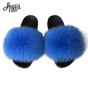 Happyslides sandali di peluche vera pelliccia di <span class=keywords><strong>visone</strong></span> diapositive 2023 grandi diapositive di pelliccia Bulk donne pantofole pelose Logo diapositive di pelliccia blu - Product Image 1