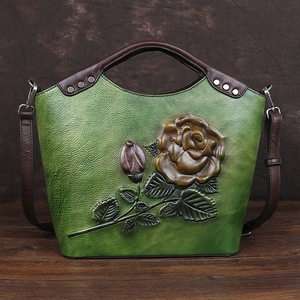 Sac fourre-tout grande capacité pour femme en cuir de vachette véritable première couche, fermeture éclair, style vintage rétro, doublure polyester - Product Image 3