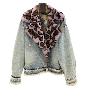 New Design Fashion Jean Jacket Luxury Custom Denim Jacket Women With Colorful Rex Rabbit Fur Collar