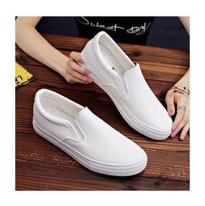 Zapatos casuales de primavera para hombre, estilo slip-on, para trabajo, estudiantes, color blanco, resistentes al desgaste, suela gruesa, color sólido, estilo para caminar en pareja. - Product Image 4